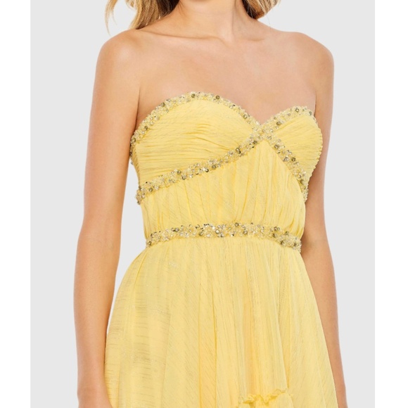 NWT | Mac Duggal 68096 Yellow Beaded Ruffle High Low Gown | Sz 4 - Picture 2 of 4